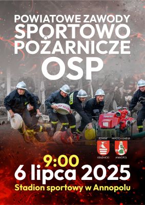 Na obrazku widać strażaków trzymających węże gaśnicze przy pompie ssawnej. Na plakacie podano informację o dacie i godzinie rozpoczęcia zawodów.