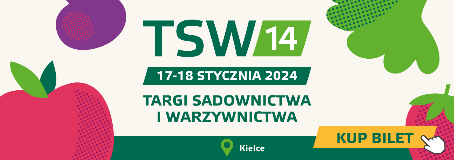 Na obrazku widnieje reklama wydarzenia o nazwie “TSW 14”, które odbędzie się 17-18 stycznia 2024 w Kielcach. Jest to targi sadownictwa i warzywnictwa. W tle obrazka znajdują się kolorowe ilustracje owoców i warzyw, a także przycisk “KUP BILET” z ikoną ręki klikającej. To sugeruje, że bilety na to wydarzenie można kupić online.